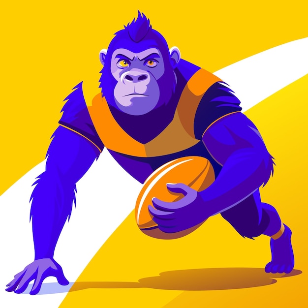 A blue gorilla in a rugby uniform running with the ball in a yellow background