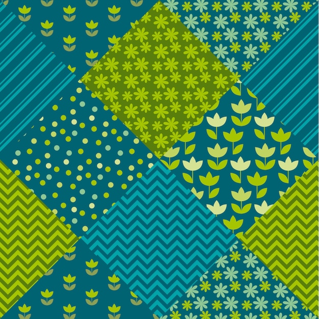 Blue and green color tulip flower and geometry motif patchwork. simple assorted patch  illustration design. 