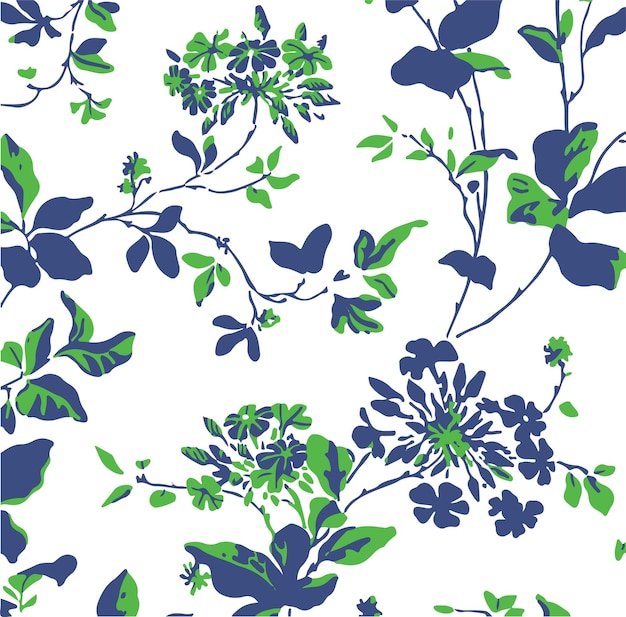 a blue and green floral background with green leaves and flowers