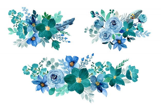 Blue green floral bouquet collection with watercolor