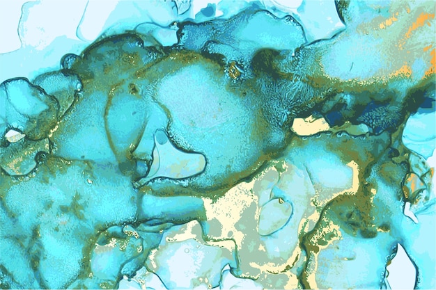 Blue, green and gold abstract stone marble texture in alcohol ink technique with glitter.