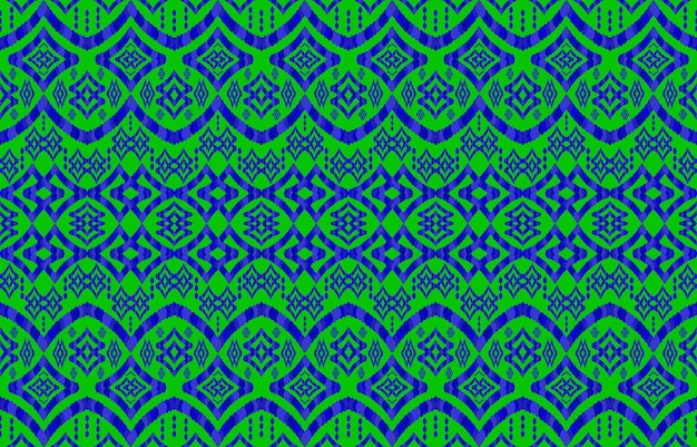 Blue green ikat patterns. Geometric tribal vintage retro style. Ethnic fabric ikat seamless pattern.