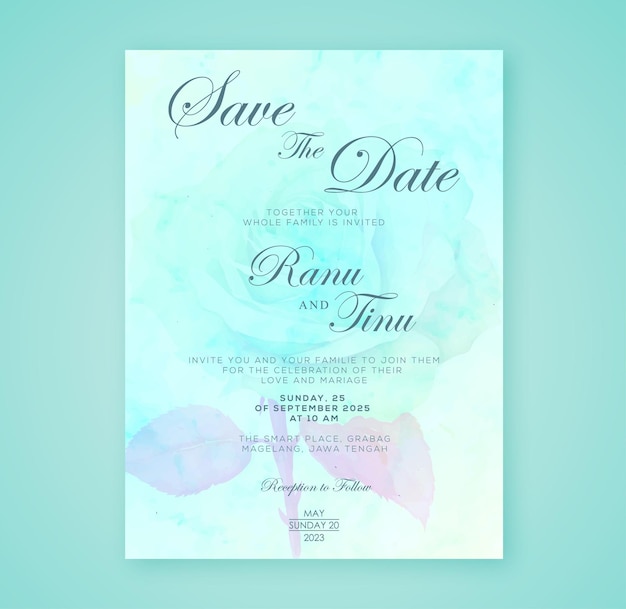 A blue and green invitation for a wedding.