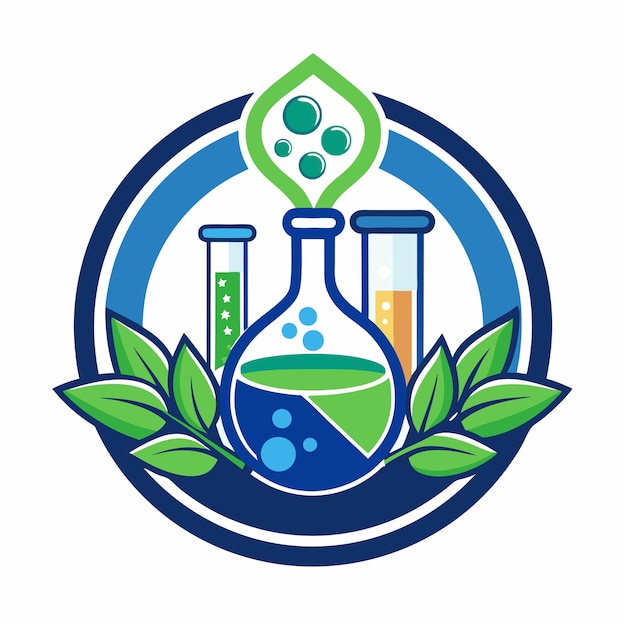 a blue and green logo with a green test tube with a green liquid in it