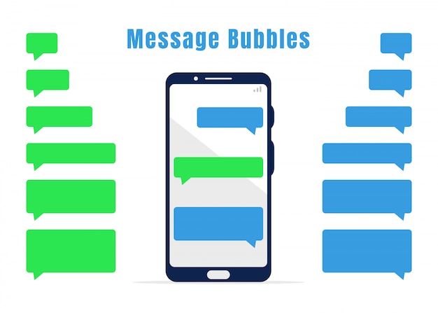 Blue and green messaging bubbles collection. Empty mobile chat design elements and white mobile phone