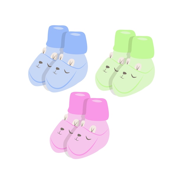 Vector blue green and pink booties with cute rabbit faces clothing for infant kids