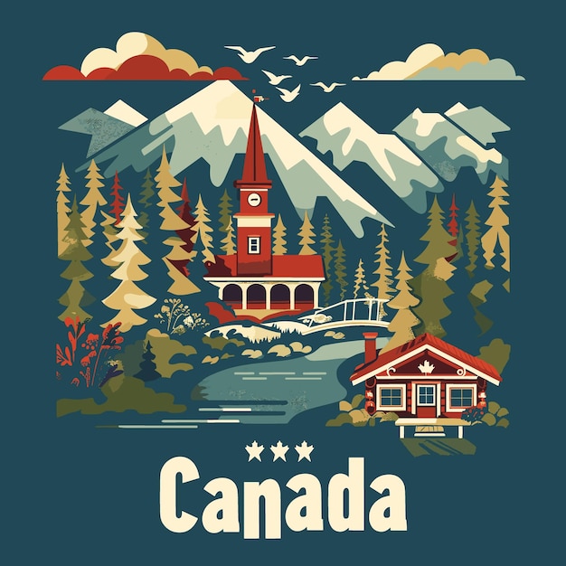 A blue and green poster of Canada with a house and a church