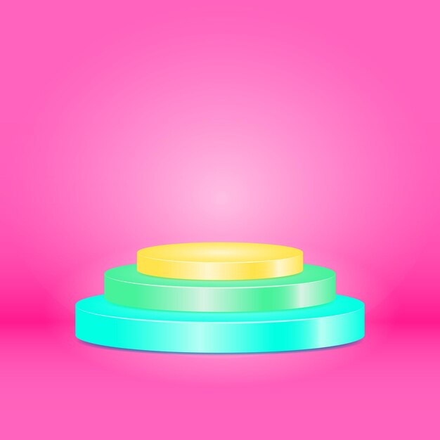 blue, green and yellow pastel cylinder podium with pink pastel background