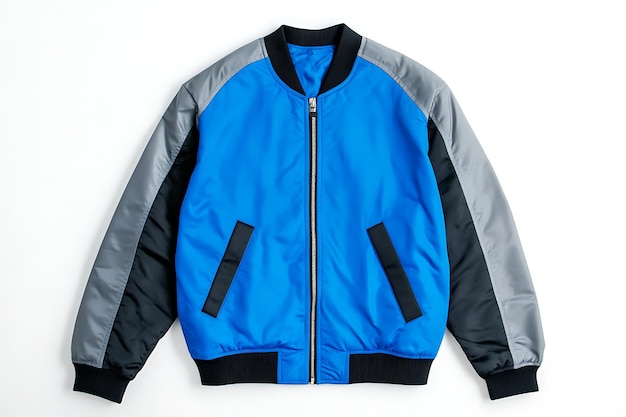 a blue and grey jacket with a black stripe