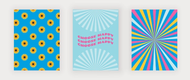 Blue groovy retro wall art prints with flowers, sun and wavy text