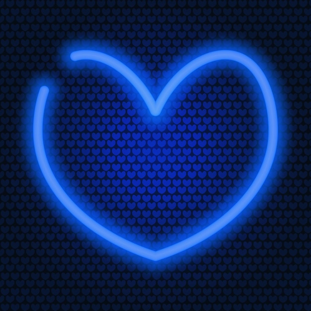 Blue heart. Neon glow. Background from blue hearts. The symbol of lovers from a luminous tube