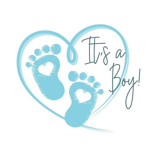 Blue heart with baby footprints and the inscription it's a boy. Newborn baby icon, symbol, print