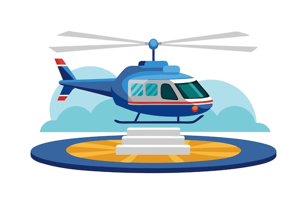 Vector blue helicopter on helipad with cloud background