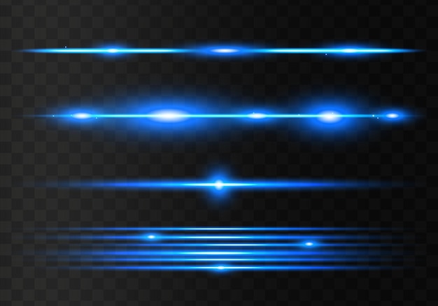 Blue horizontal lens flares pack Abstract set of light flares laser beams sparkling lined Vector