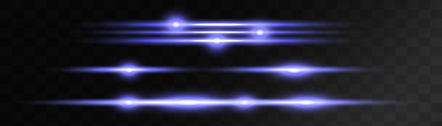 Blue horizontal lens flares pack. Abstract set of light flares, laser beams, sparkling lined. Vector