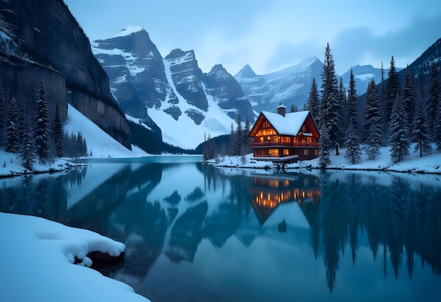 Vector blue hour shot at emerald lake yoho national park in dreamy winter wonderworld