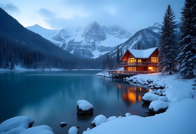 Vector blue hour shot at emerald lake yoho national park in dreamy winter wonderworld