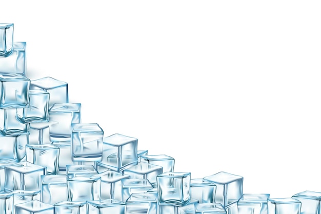 Vector blue ice cubes on white background cold frozen water in square shape realistic crystal block pieces for cocktails refrigerator in pile frame design