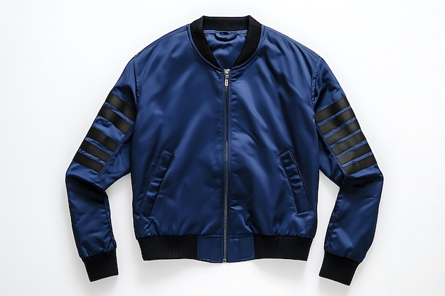 a blue jacket with a black stripe on the front