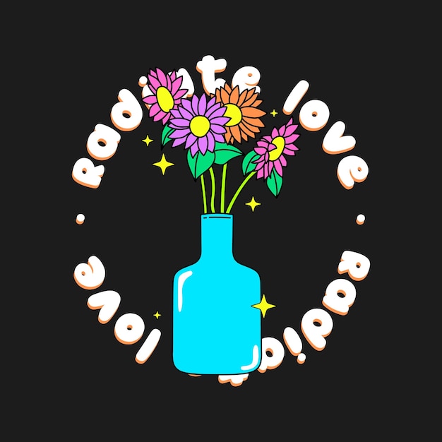 Vector blue jar with flowers and the text radiate love