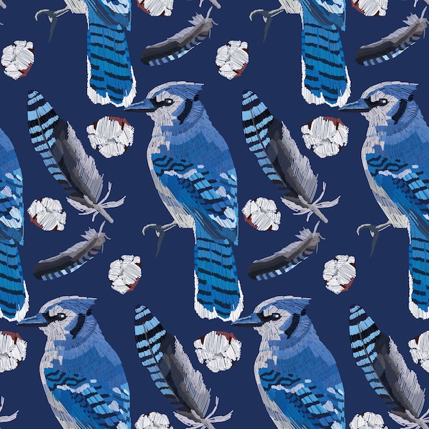 Blue jay and feathers seamless pattern Embroidery style.