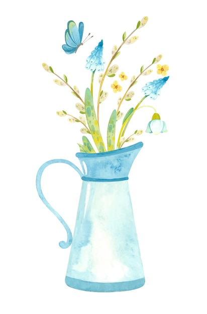 Blue jug with spring flowers, pussy willow and butterfly.
Themed template for Easter cards, posters, banners. Watercolor clipart on white background