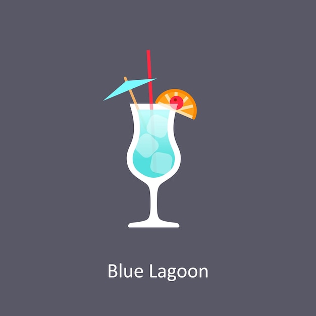 Blue Lagoon cocktail on dark background in flat style