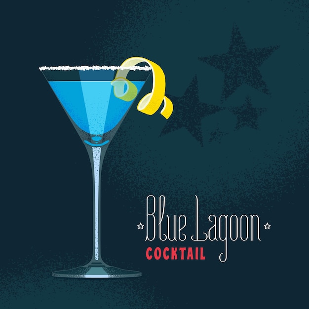 Blue Lagoon cocktail in martini glass illustration