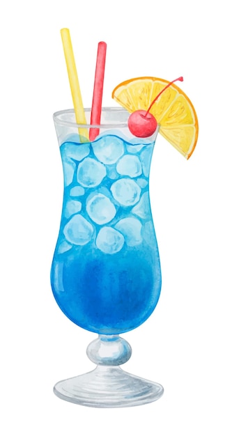 Blue lagoon cocktail watercolor hand drawn illustration Drink clipart on white background