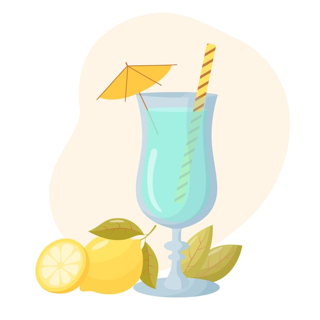 Blue lagoon cocktail with lemon and leaves in the background Menu design elements Summer cocktail in flat style