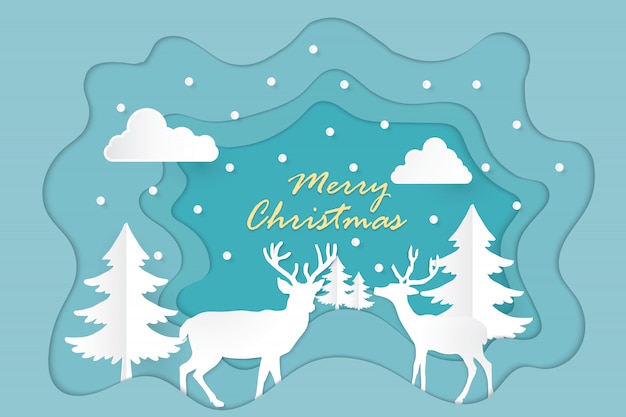 Blue landscape merry christmas and happy new year paper cut illustration with snow 