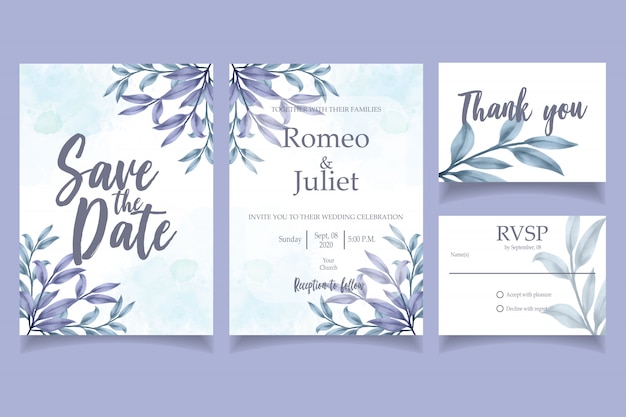 blue Leaf Watercolor invitation wedding party card floral template