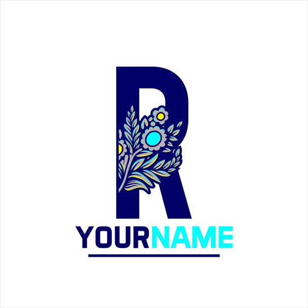 Blue letter r with a flower pattern on a white background