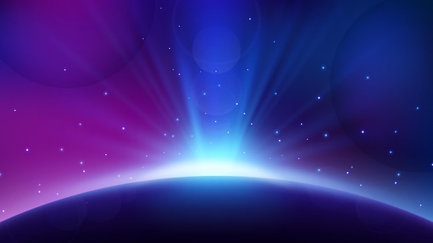 Vector blue light rising from planet horizon glowing shine background widescreen vector illustration