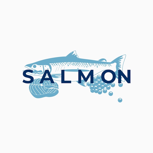 Blue Line Art Salmon Logo Illustration Vector