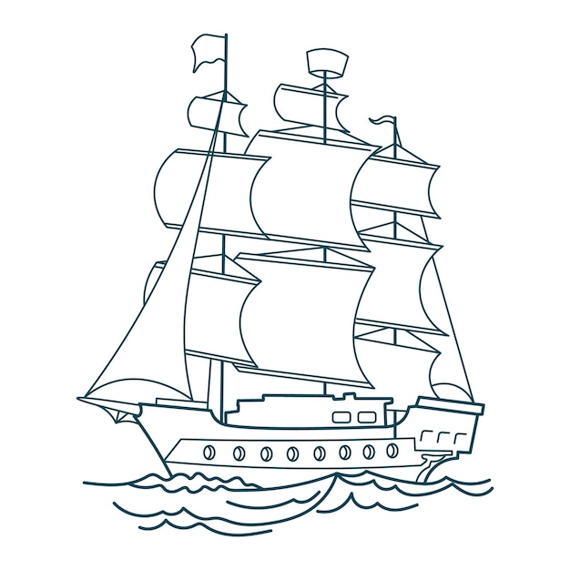 Blue line drawing of sea ship frigate caravel Detail drawing illustration vector