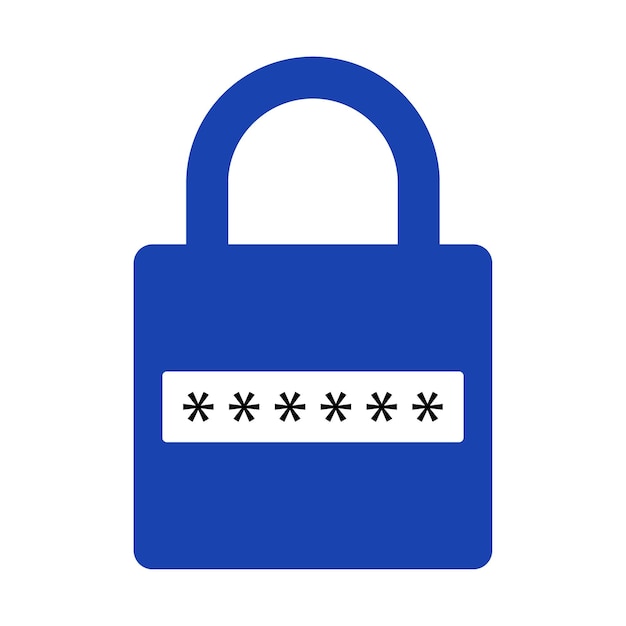 Blue locked padlock icon with password bar and hidden asterisk symbols isolated on white background