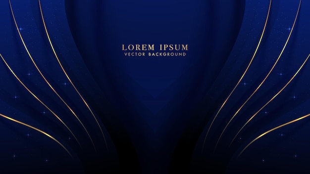 Blue luxury background with golden lines curve and glitter light effect Elegant style vector design