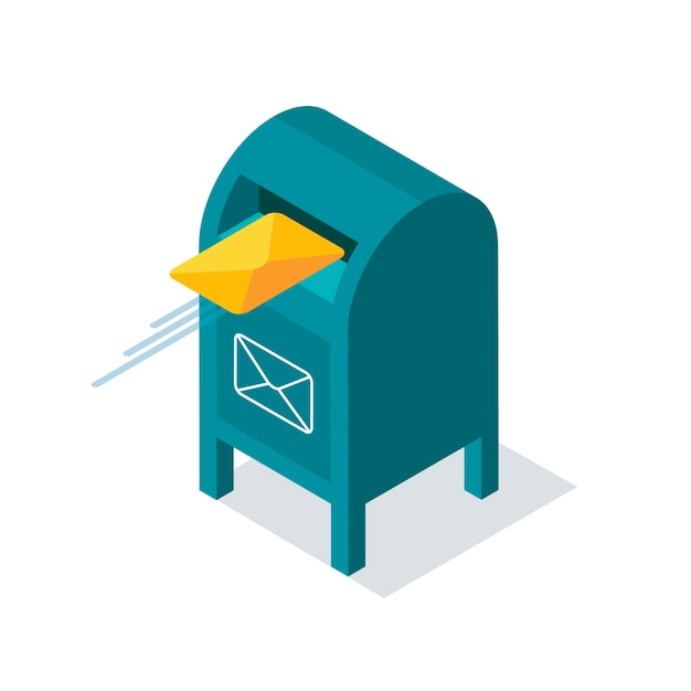 Blue mailbox with letters inside in isometric style. Yellow envelope flies into the mailbox.