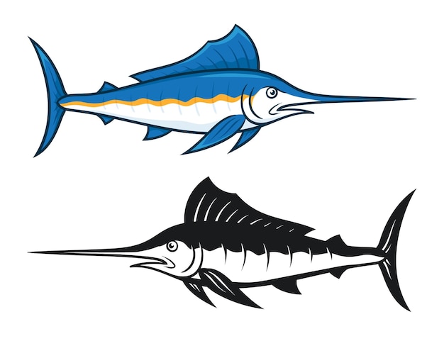 Blue marlin illustration design colored and black white