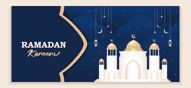 Blue minimal muslim ramadan kareem with gold mosque banner template