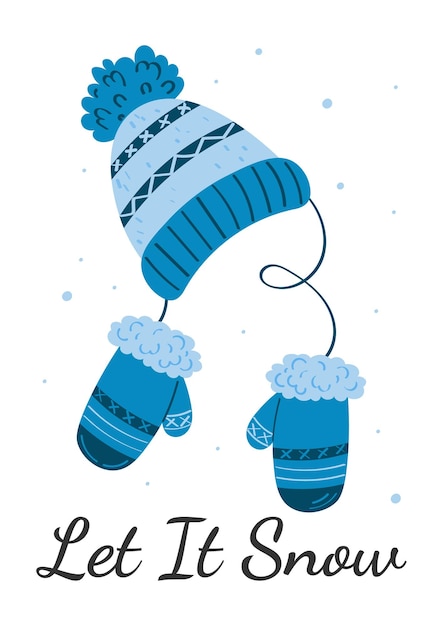 Blue mittens and Hat on white background. Hand drawn vector illustration