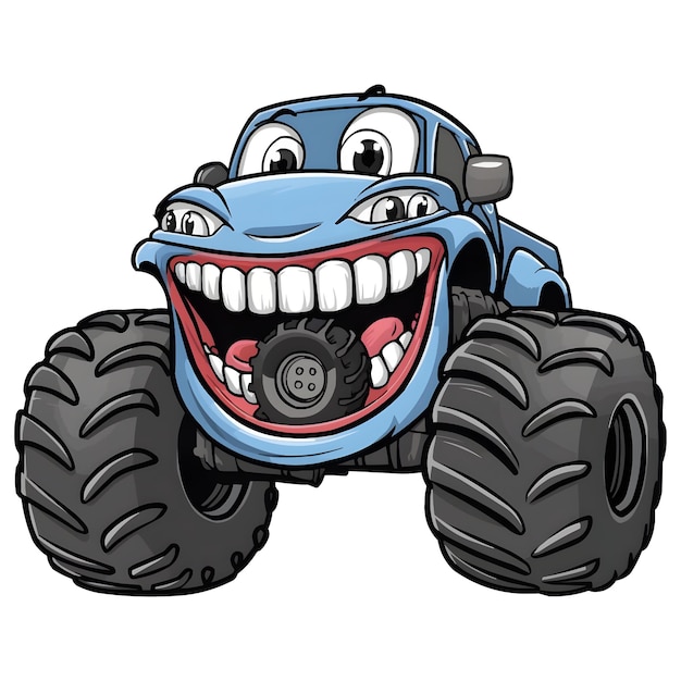 Vector a blue monster truck with a big smile on the front