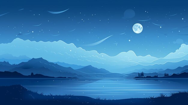 Vector a blue moon over a lake with mountains and trees in the background