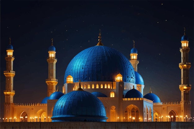 a blue mosque at night with the moon in the background