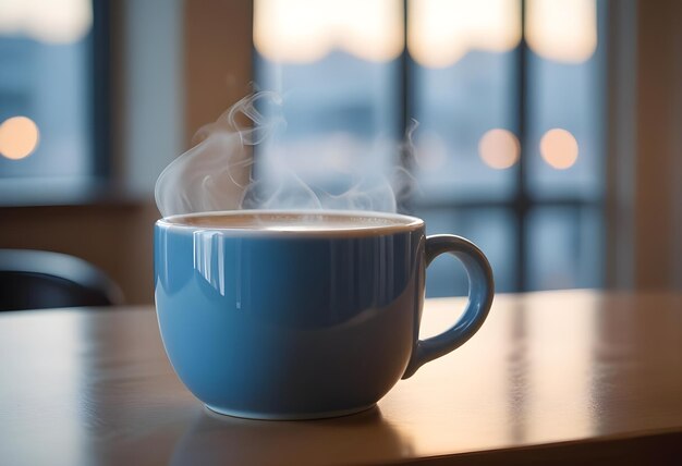 A blue mug with steam rising from it sitting on a wooden table in front of a window with a blurred view of a cityscape at sunset