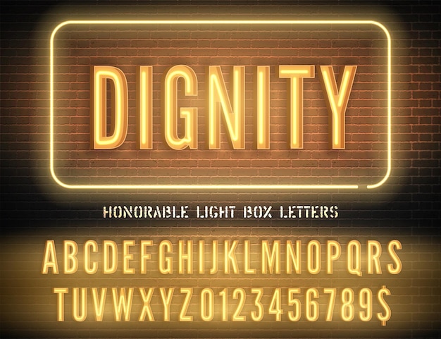 Blue neon box narrow font and vector Dignity night light sign