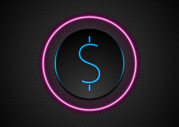 Blue neon dollar symbol and purple circle background