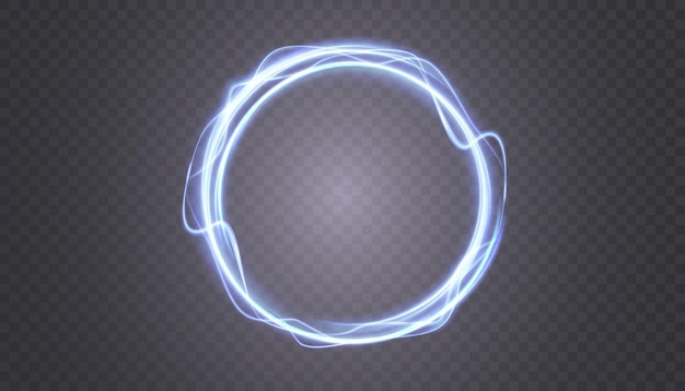 Blue neon glowing ring. Bright glowing neon frame made of bright glowing rays. Vector PNG