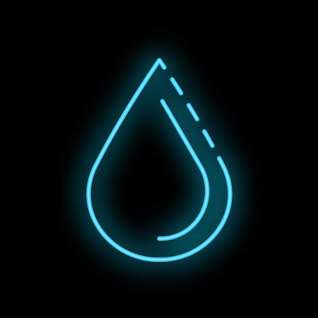 Blue neon sign shaped like water drop glowing on black background